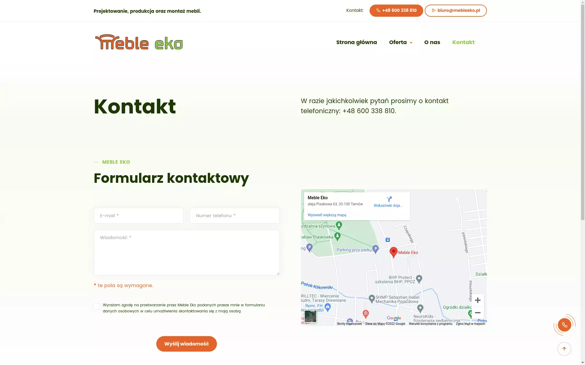 Podstrona Kontakt w serwisie internetowym firmy Meble Eko Tarnów.